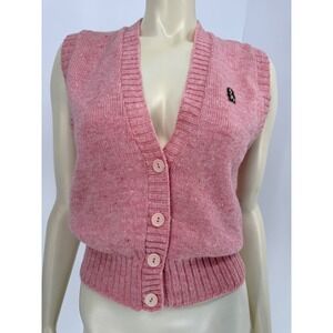 Hush Puppies Pink Knit Button Up Sweater Vest Basset Hound Dog Patch Cardigan